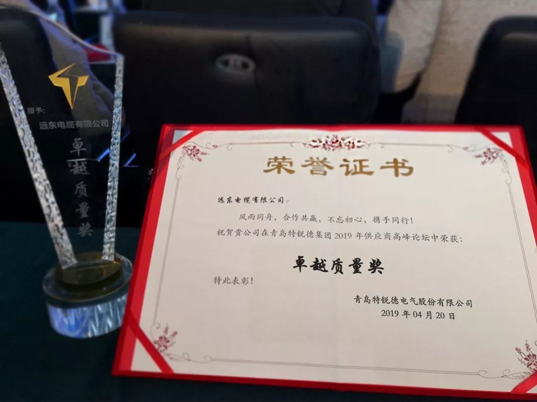 远东：远东电缆荣获“卓越质量奖”荣誉称号