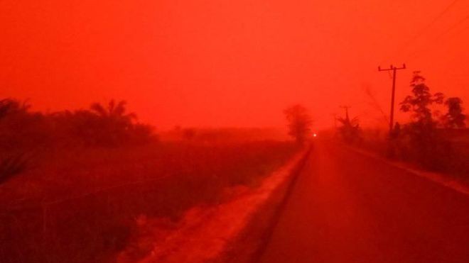 这是：印尼雨林大火引发雾霾灾害 苏门答腊天空一片血红